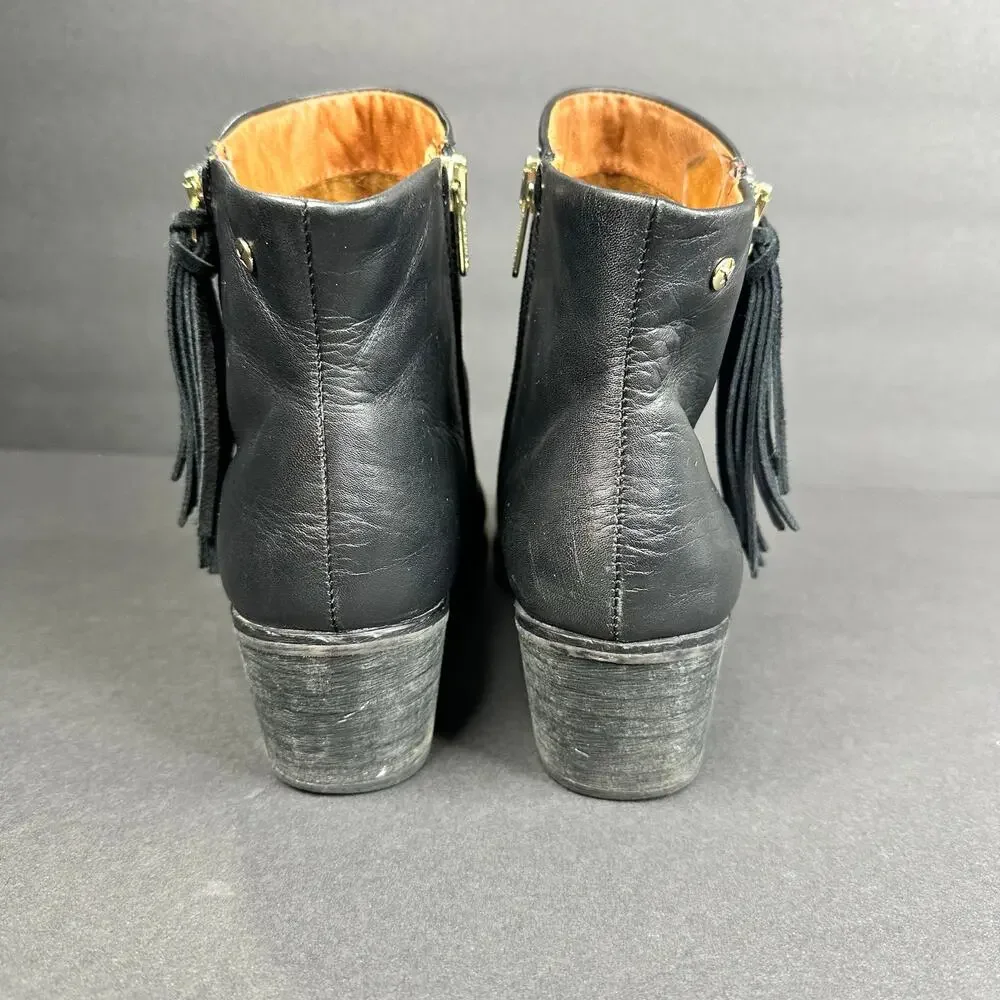 Pikolino Womens size 40 9 9.5 Andorra Black Leather Tassel Ankle Boots Side Zip